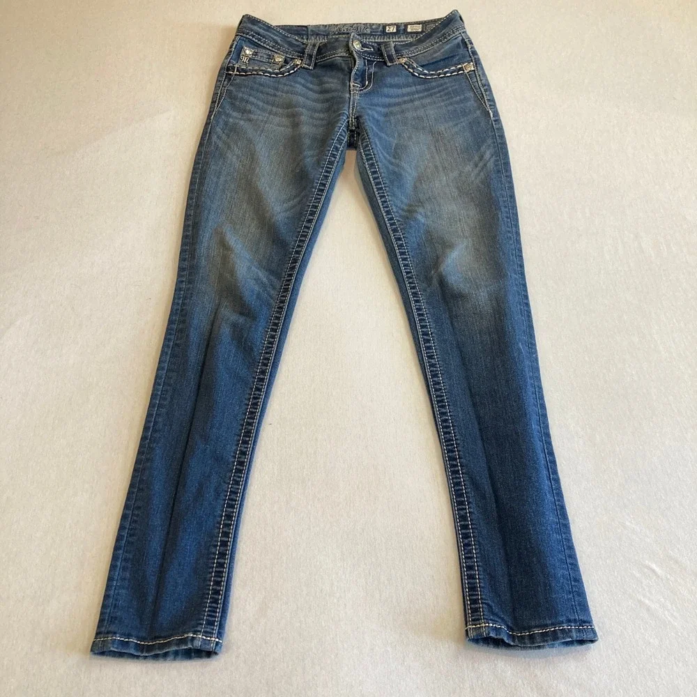 Miss Me Jeans 27 (Fit 27x29.5) Mid-Rise Skinny Jeans Blue Rhinestone Cross